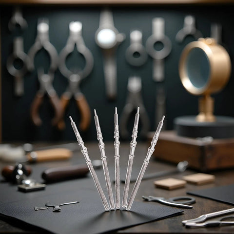 Five Piece Silver Movement Watch Stem Crown Kit For NH35 NH36 NH38 NH39 Movements Replacement Parts Set displayed on table.