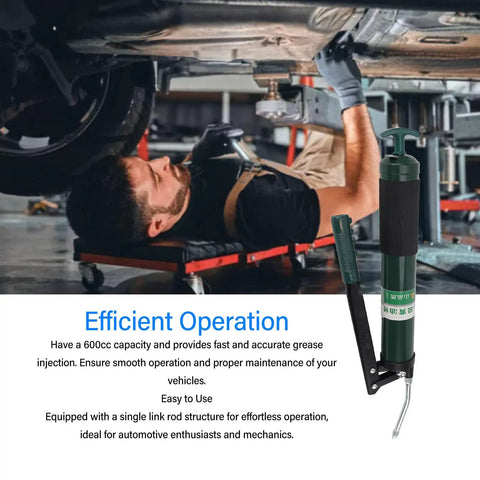 Man using 600cc Manual Grease Gun With Lever Action Pro Grade High Pressure Lubrication Dispenser for vehicle maintenance.