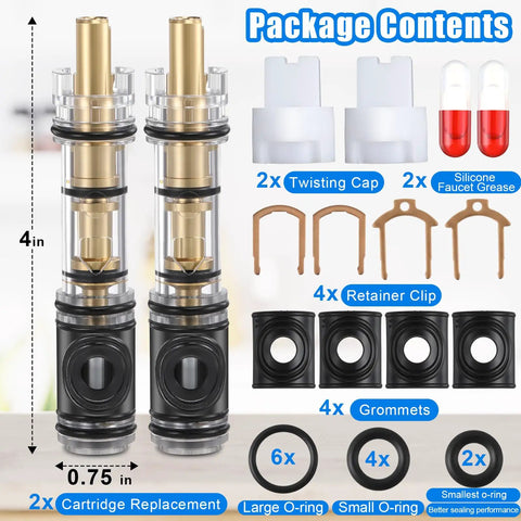 Two Pack Brass Dual Seal Faucet Cartridge Replacement For Moen 1225 1225B Single Handle Faucets with accessories shown