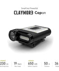 Tan Ultra Lightweight Clip On Cap Light 65A Plus USB C Rechargeable 230 Lumen LED Compact Headlamp, black, side view