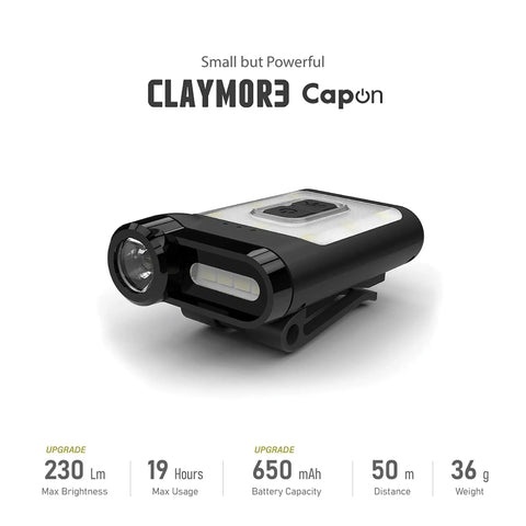 Tan Ultra Lightweight Clip On Cap Light 65A Plus USB C Rechargeable 230 Lumen LED Compact Headlamp, black, side view