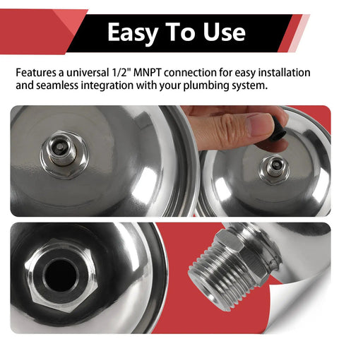 Compact Stainless Steel Thermal Expansion Tank With Hammer Arrestor For Tankless Water Heaters And Beverage Appliances 0.16 Liter Capacity Space Saving Half Inch MNPT Threaded close-up