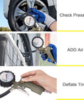 Heavy Duty Tire Inflator With 0-220 PSI Dial Gauge Durable Rubber Hose And Quick Coupler Precision Tire Pressure Tool For Cars Motorcycles And Bikes Easy Trigger Inflation And Accurate Readout, showing use on car, bike, and deflation function