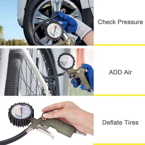 Heavy Duty Tire Inflator With 0-220 PSI Dial Gauge Durable Rubber Hose And Quick Coupler Precision Tire Pressure Tool For Cars Motorcycles And Bikes Easy Trigger Inflation And Accurate Readout, showing use on car, bike, and deflation function