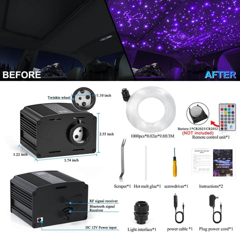 Starlight Fiber Optic Headliner Kit For Cars With Twinkle And Lit Sound Activated RGBW Lighting, components and installation view