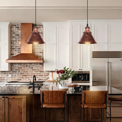 Industrial Pendant Light For Kitchen Island And Dining Room, Farmhouse Vintage Hanging Fixture With Barn Dome Lampshade, Kitchen view