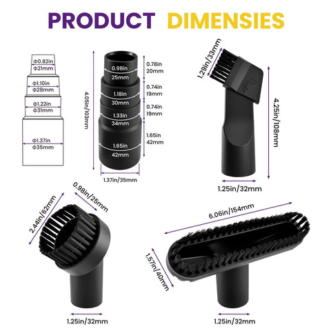 Dimensions of 4 Piece Vacuum Attachment Set With Round And Square Brushes, 2 In 1 Suction Brush, 1.25 Inch Universal Adapter