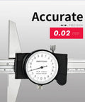 Pro Grade Depth Caliper With Gauge 0 to 150 and 200 mm, 0.02 mm Precision Depth Dial Caliper, showing close-up of scale and dial gauge