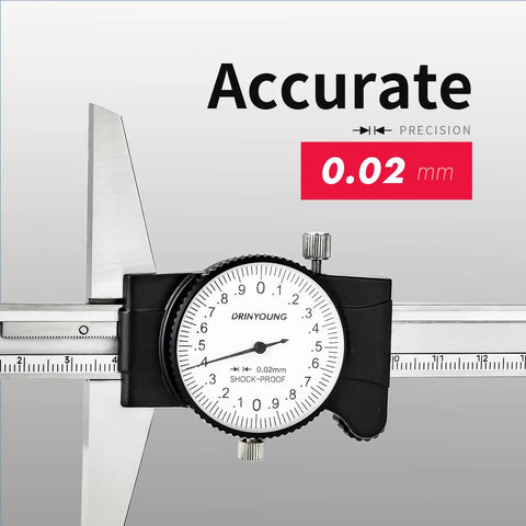 Pro Grade Depth Caliper With Gauge 0 to 150 and 200 mm, 0.02 mm Precision Depth Dial Caliper, showing close-up of scale and dial gauge