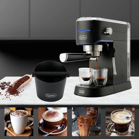 Espresso Knock Box With Silicone Rod And Anti Slip Base next to coffee machine on counter, barista-grade, easy clean, 6 inch.
