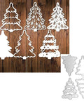 4 Piece Christmas Tree Metal Die Cutting Set For Scrapbooking And Card Making, silver carbon steel stencil dies on wood surface