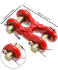 Six Pack 5/16 Inch G70 Zinc Plated Heavy Duty Trailer Tie Down Twin Clevis Links, red steel link with dimensions shown.