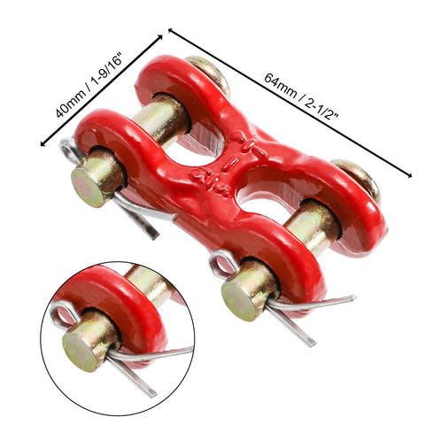 Six Pack 5/16 Inch G70 Zinc Plated Heavy Duty Trailer Tie Down Twin Clevis Links, red steel link with dimensions shown.