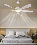 Ceiling Fan Light with Handheld Controller, 6 Wind Speeds, 3 Light Color installed over a bed in a modern bedroom setting.