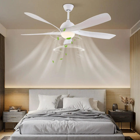 Ceiling Fan Light with Handheld Controller, 6 Wind Speeds, 3 Light Color installed over a bed in a modern bedroom setting.