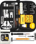 Deluxe 155 Piece Watch Repair Kit With Carrying Case Pro Grade Do It All Tools For Battery Replacement Band Link Removal Case Opener Spring Bar Tools Pin Punch And Precision Accessories For All Your Watch Needs shown in a zippered case with stainless steel tools.