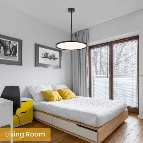 Ultra Thin Disc LED Pendant Light 19.7 Inch Modern Chandelier Dimmable Ceiling Fixture in a stylish modern bedroom