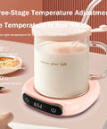 Desk Coffee Warmer With Auto Shut Off And Three Heat Modes Keeps Your Daily Brew Cozy Till The Last Sip Led Touchpad Display for milk in glass mug.