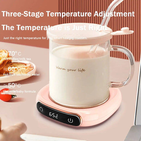 Desk Coffee Warmer With Auto Shut Off And Three Heat Modes Keeps Your Daily Brew Cozy Till The Last Sip Led Touchpad Display for milk in glass mug.