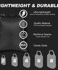 Ultralight 5 Pack Waterproof Dry Bags Set showing lightweight design, 210T polyester, available in 2L, 3L, 4L, 5L, 8L sizes.