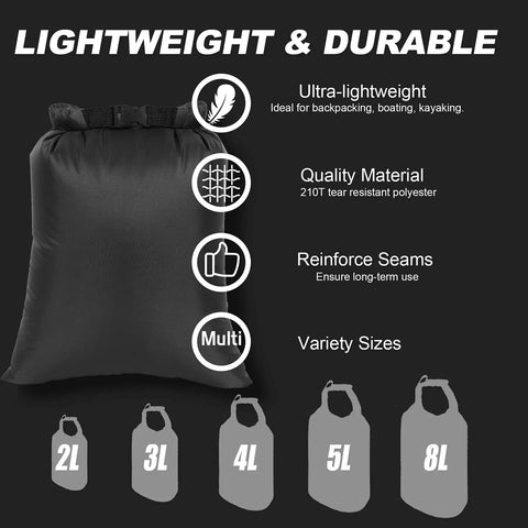 Ultralight 5 Pack Waterproof Dry Bags Set showing lightweight design, 210T polyester, available in 2L, 3L, 4L, 5L, 8L sizes.