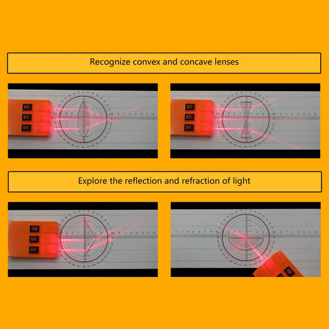 Slick Physics Optics Lab Kit With Adjustable Three Way Light Source displaying light paths over convex and concave lenses.