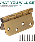 Six Piece Set Of Four Inch Ball Bearing Door Hinges With Five Eighths Inch Corner Radius Featuring Heavy Duty Brass Finish And Included Mounting Hardware for installation.