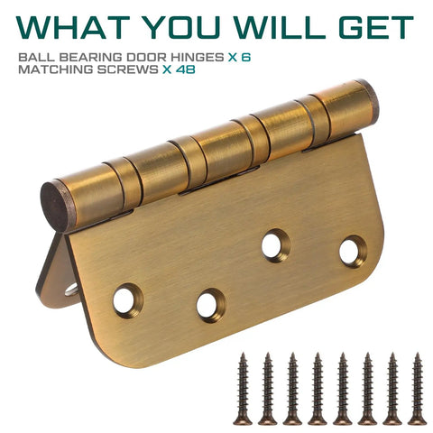 Six Piece Set Of Four Inch Ball Bearing Door Hinges With Five Eighths Inch Corner Radius Featuring Heavy Duty Brass Finish And Included Mounting Hardware for installation.