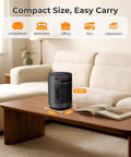 Fast Heat Desk Heater With Remote 1500W Ceramic PTC Tiny But Mighty Space Heater on a coffee table in living room.