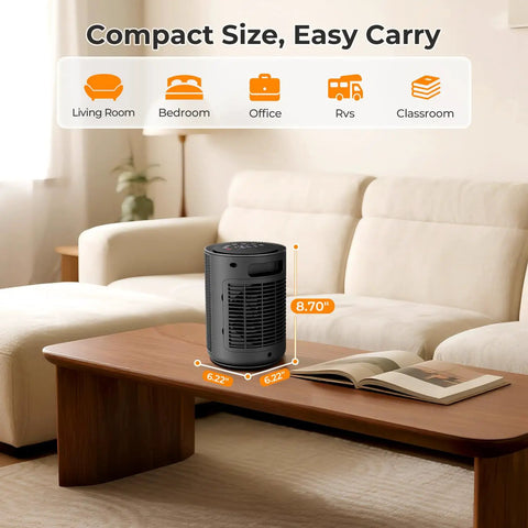 Fast Heat Desk Heater With Remote 1500W Ceramic PTC Tiny But Mighty Space Heater on a coffee table in living room.