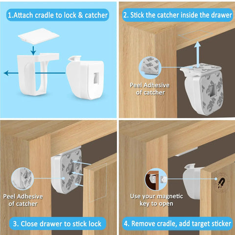 Installation guide for Hidden Magnetic Cabinet Locks Set With Ten Locks And Two Keys For Baby Proofing Cabinets And Drawers.