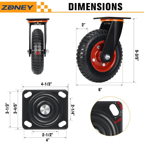8x2 Inch Heavy Duty Casters Set Of 2 With Solid Rubber Wheels Knobby Tread 3600 Lbs Total Capacity dimensions diagram