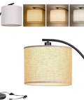 Lit Tall Arc Floor Lamp With Beige Linen Shade, 3 color temperature LED bulb, black finish, shown in various lighting