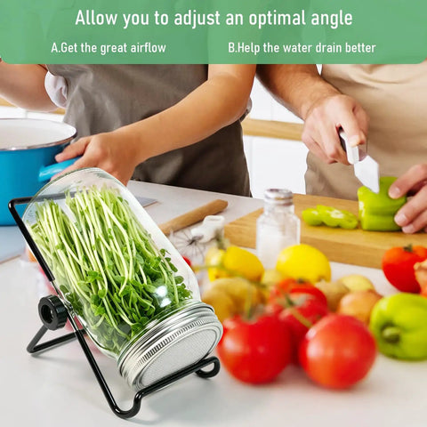 Straight Up Premium 304 Stainless Steel Sprouting Lid For Mason Jars with sprouts, adjustable angle for optimal drainage.