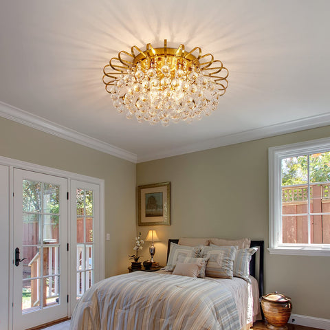 4 Light Crystal Chandelier Modern Semi Flush Mount Ceiling Light Fixture Gold Finish in bedroom setting