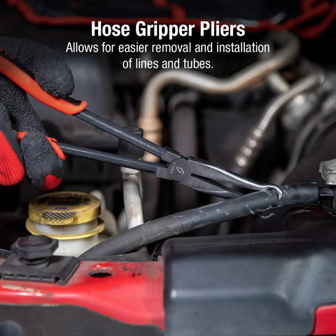 Mechanic using 11 Inch Hose Gripper Pliers Set, 3 Piece, Fits 5/16, 1/2, 3/4 Inch Hoses on car engine hose
