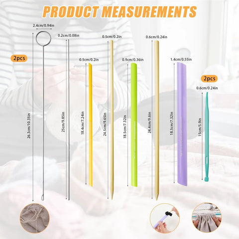 Front view of 10-piece tube turning sewing tool set with assorted sizes and colorful handles