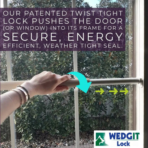 Person adjusting Maxi Twist Tight Sliding Door Security Bar Extends 25 To 42 Inches Keeps The Bad Guys Out And Your Home Safe, Ideal For Sliding Glass Doors And Single Hung Windows, White, against a sliding glass door.