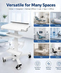 Legit Anti Theft Medical Laptop Cart With Smooth Height Adjustments And Built In Scanner Bracket Using Rock Solid Locking Casters Plus Roomy Storage Trays For Clinic Or Hospital Crews Who Need A Dependable Mobile Station in clinical setting with multiple usage environments.