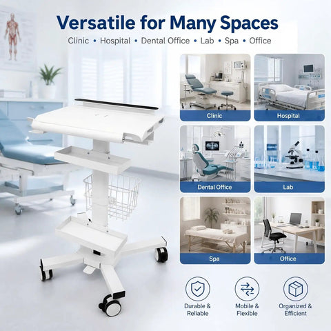Legit Anti Theft Medical Laptop Cart With Smooth Height Adjustments And Built In Scanner Bracket Using Rock Solid Locking Casters Plus Roomy Storage Trays For Clinic Or Hospital Crews Who Need A Dependable Mobile Station in clinical setting with multiple usage environments.