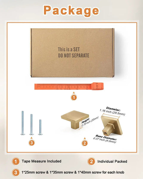 Packaging of Champagne Bronze Square Cabinet Knobs 20 Pack Zinc Solid Single Hole Dresser Drawer Pulls with screws and measurement