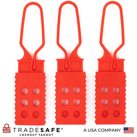 Lock Out Tag Out Hasp Bundle, Non Conductive Polypropylene LOTO Hasps, 3 Pack shown in red, designed for group lockout safety.