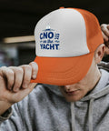 Person wearing Lightweight Yacht Style Hat For Women With Front Artwork Adjustable Buckle Fit Breathable Summer Cap For Beach Days