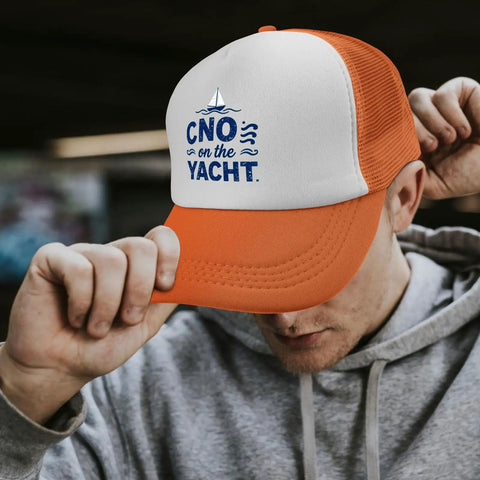 Person wearing Lightweight Yacht Style Hat For Women With Front Artwork Adjustable Buckle Fit Breathable Summer Cap For Beach Days