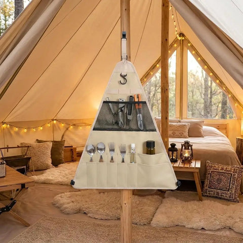 Camping Storage Organizer For Camping Rack Side Bag in tent with utensils and tools neatly arranged