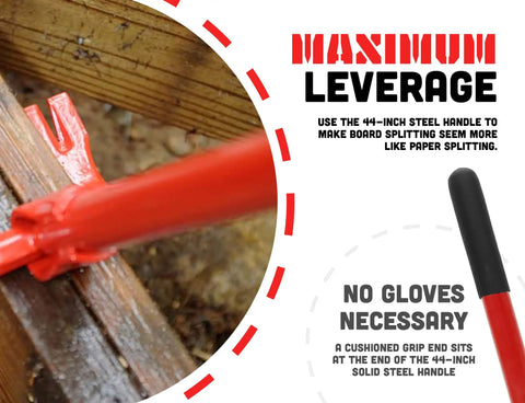 Heavy Duty 44 Inch Steel Deck Pry Bar With Dual Claw Heads No Kneeling Back Saving Non Slip Handle Red Demolition Tool in use on wood
