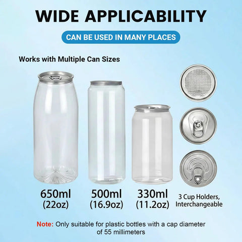 Heavy Duty Commercial Can Sealer With Three Adapters For Aluminum And Pet Cans; 650ml, 500ml, 330ml cans showcased.