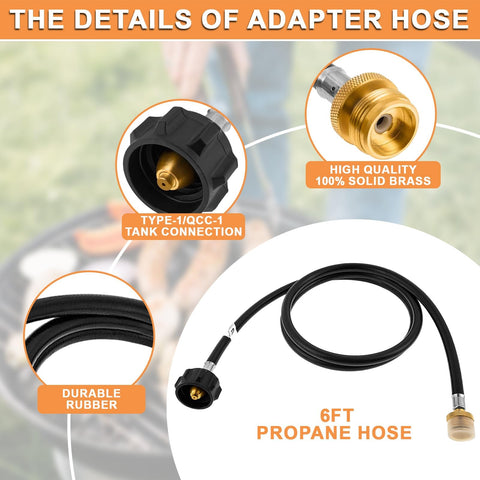 Propane Adapter Hose And Regulator Conversion Kit 1Lb To 20Lb for Griddles 6ft hose with QCC1 brass fittings and rubber hose