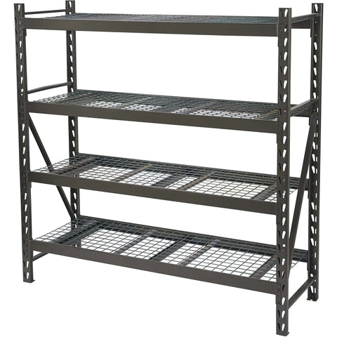 Beefy Heavy Duty Four Tier Industrial Steel Shelving Unit With 8,000-Pound Total Capacity For Garage Storage, front view