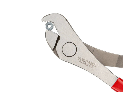 7-3/4 Inch Nut Jaw Pliers With High Leverage Parrot Jaw grips hex nut, red slender nonslip grips for comfortable precise control